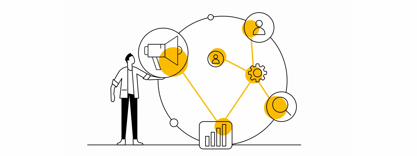 Un hombre sostiene con su mano izquierda un círculo con varios íconos: un megáfono, un engranaje, un gráfico de barras, una lupa, una persona. Sobre ellos, unos puntos amarillos se conectan.