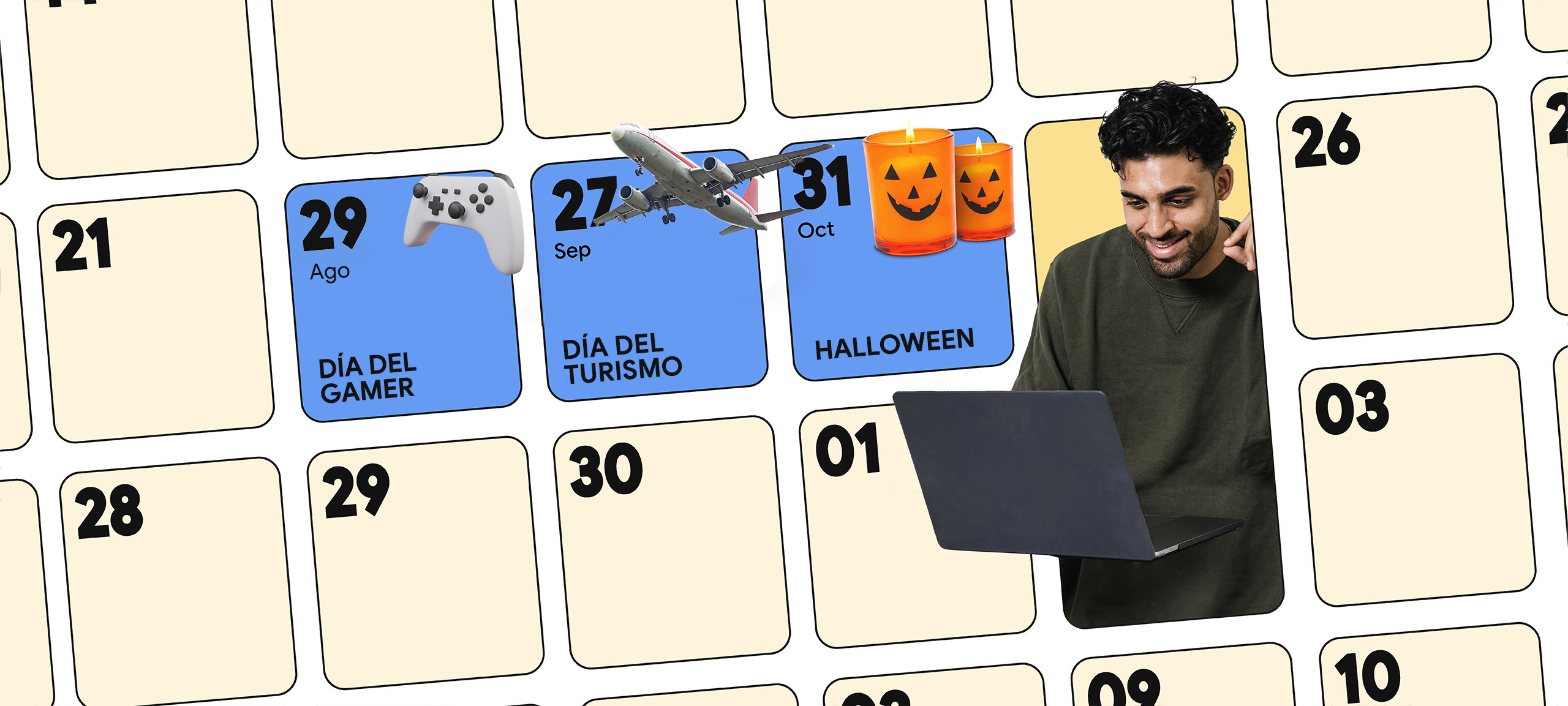 Un hombre de piel oscura y cabello oscuro rizado compra en una computadora portátil. Está rodeado por una cuadrícula de calendario con tres fechas resaltadas: