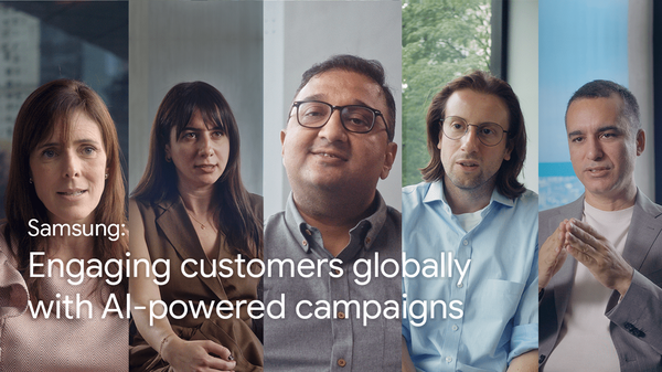 Half-body shots of 5 leaders from Samsung Brazil, Turkey, and India: Jannos Artusi, Anna Karina Silva Pinto, Gizem Öztürk, Yanki Yalcin, and Sandeep Bajpai. Samsung: Engaging customers globally with AI-powered campaigns.